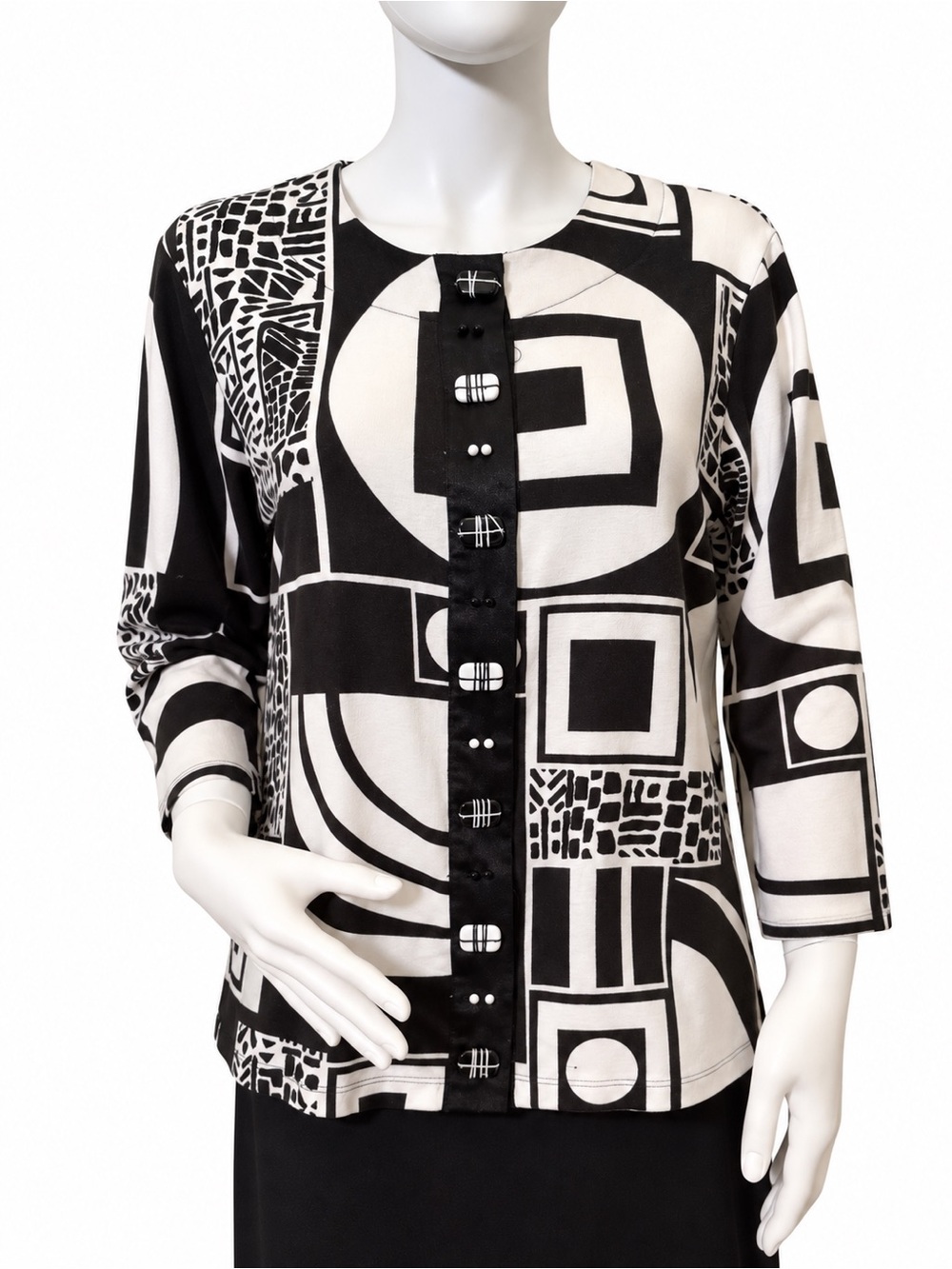 Vintage Retro Kerrybrooke Black & White Geometric Print Top W/M Statement Button